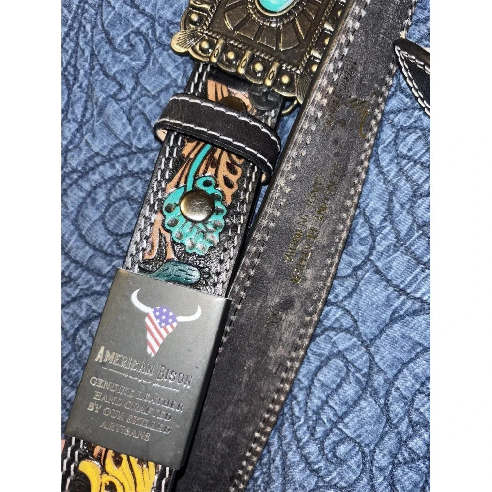 NWT American Bison Tooled Leather Belt Sz XL 42-44 Sunflower Turquoise Buckle